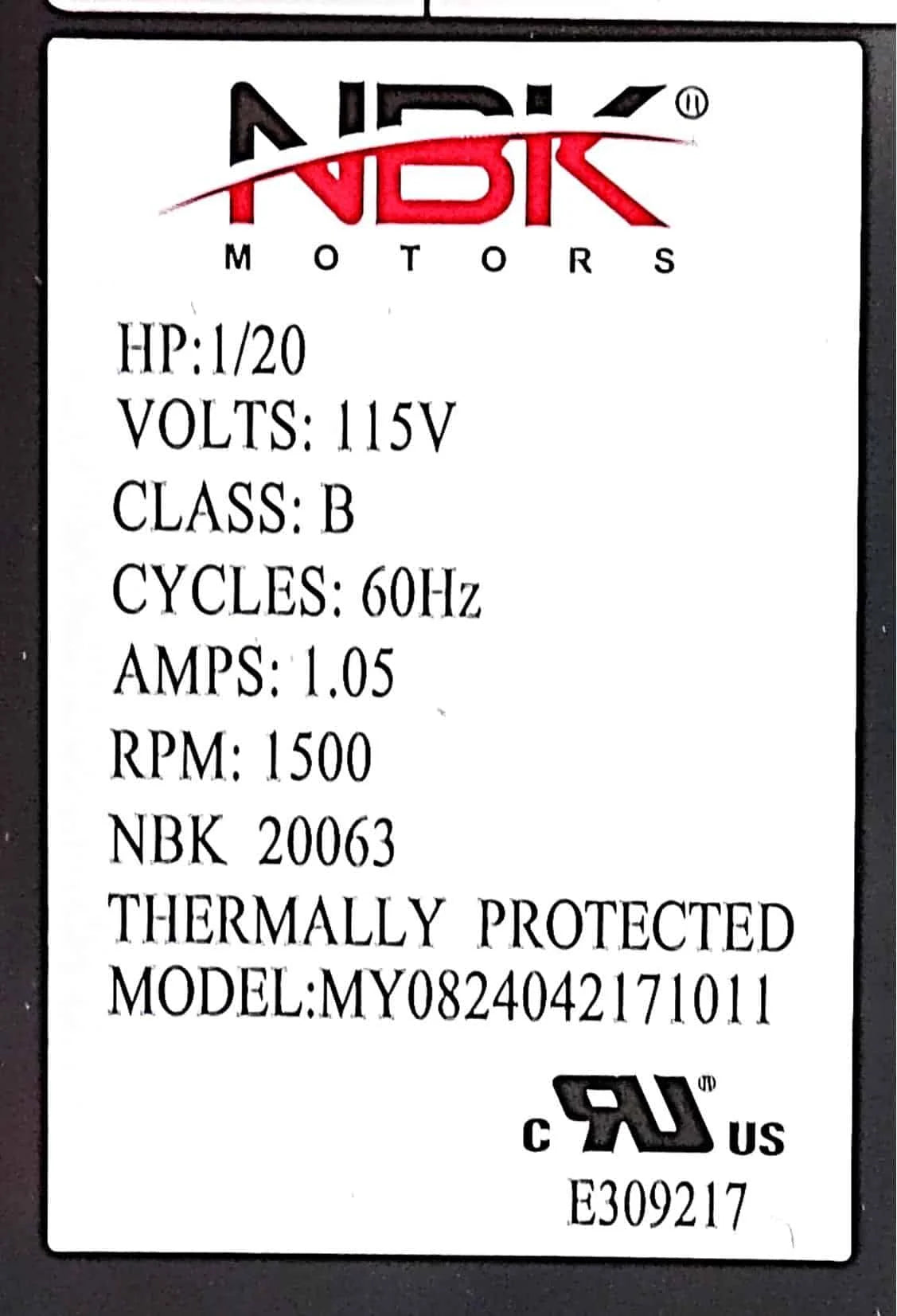 NBK-20063 BLOWER MOTOR 115V