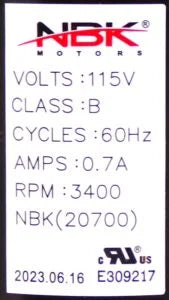 NBK-20700 BLOWER MOTOR 115V 60HZ