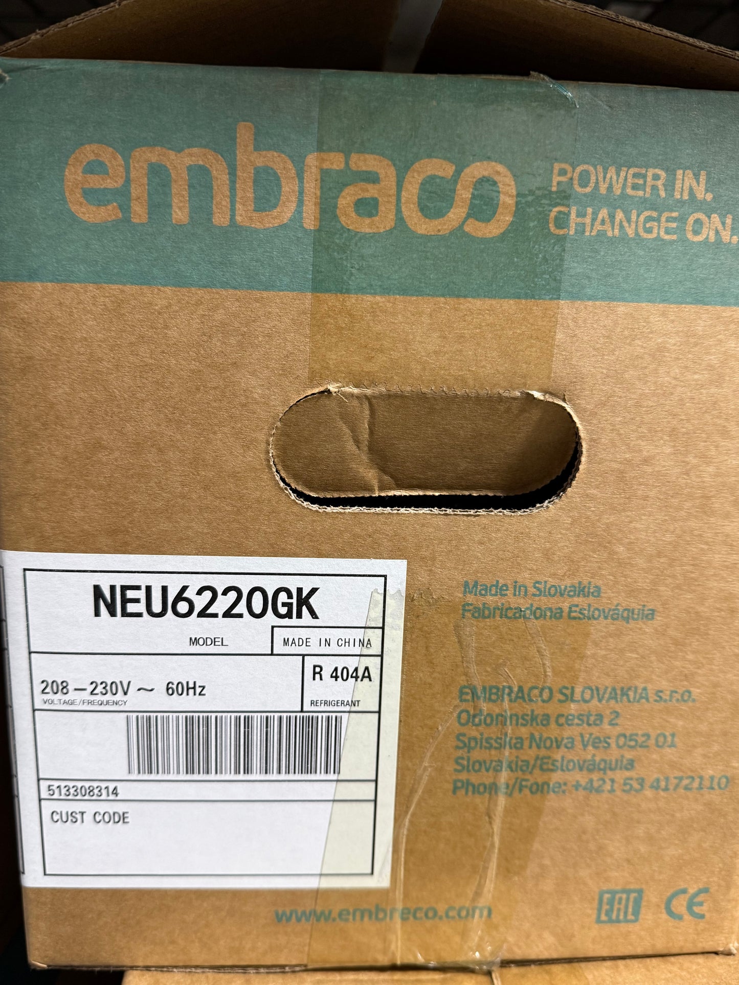 NEU6220GK Embraco Refrigeration Compressor, 230V, R404a