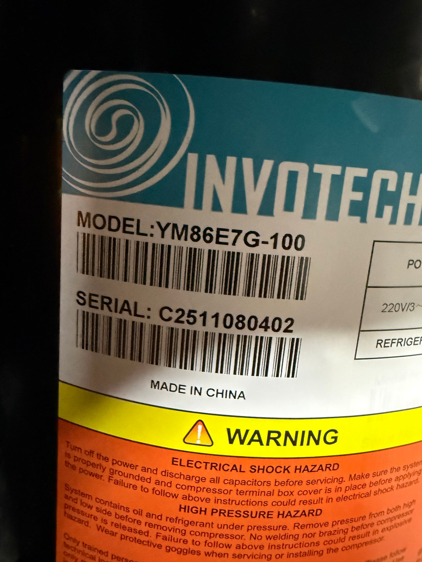 YM86E7G-100 Invotech Refrigeration Compressor