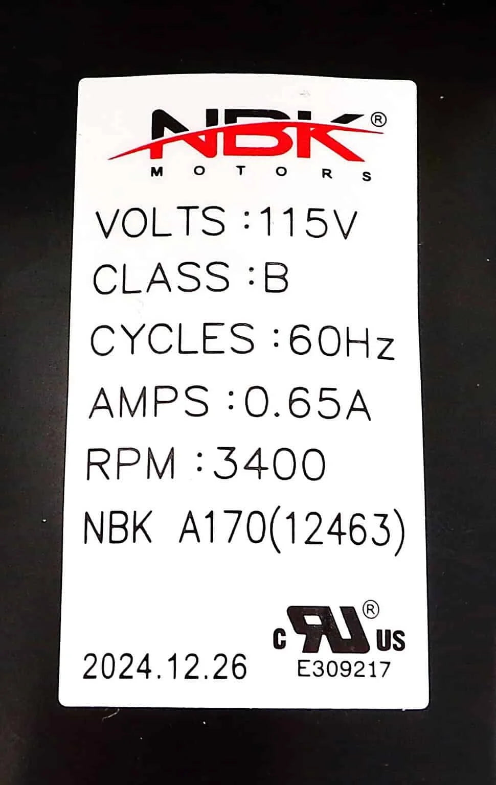 NBK-12463 BLOWER MOTOR, DRAFT INDUCER 115V A170