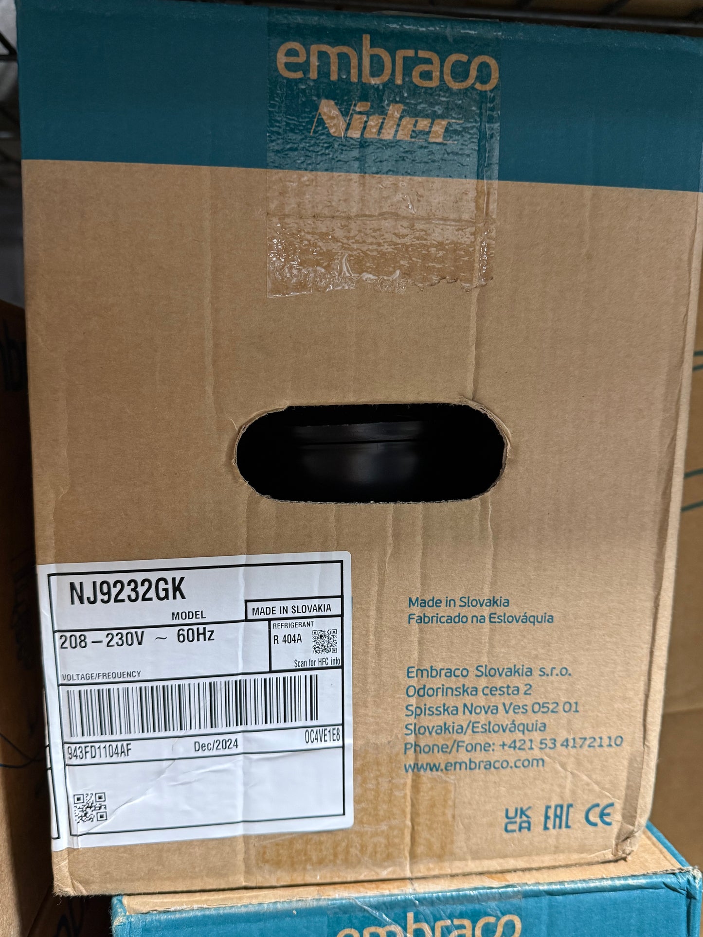 NJ9232GK Embraco Refrigeration Compressor, 230V, R404a